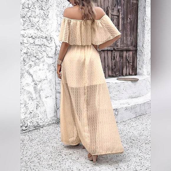 NEW Flowy Sheer Lace Off Shoulder Split Maxi Dress Cream Ivory Tan Beige - Picture 4 of 8